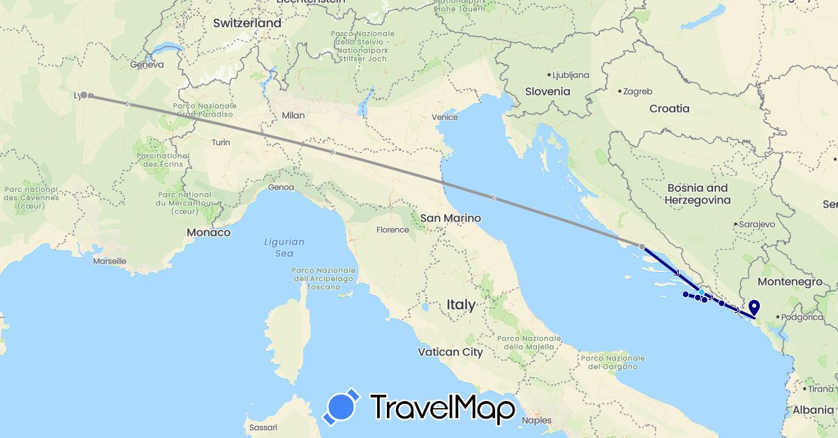 TravelMap itinerary: driving, plane, boat in France, Croatia, Montenegro (Europe)